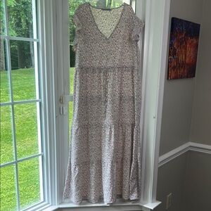 Tan and White Tiered Flutter Sleeve Maxi Dress